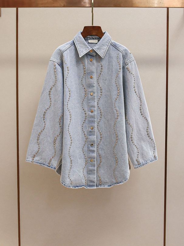 S Home Spring New Style Fashionable Loose Casual French Retro Vintage Vintage Diamond Set Collar Denim Shirt Coat_mkmklike.com