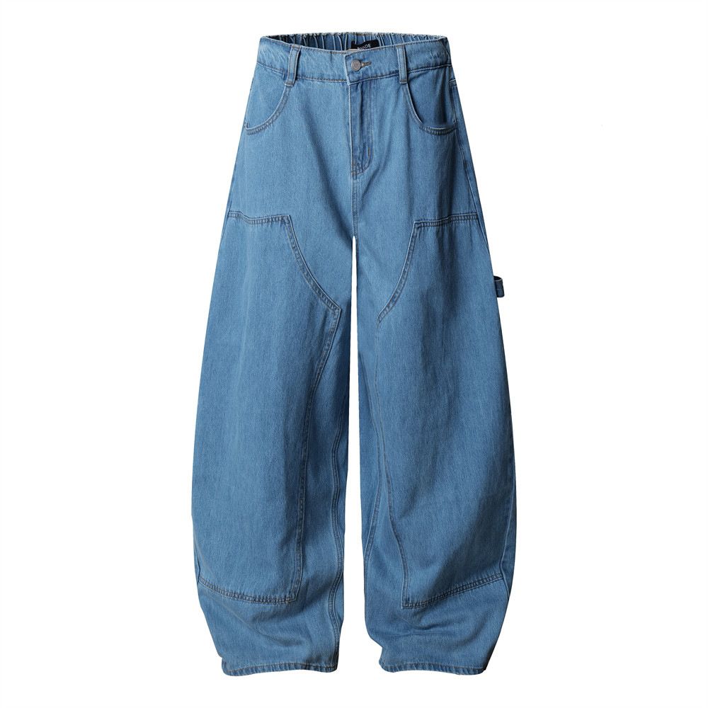 Wide-Leg Logging Jeans With Scimitar Design, High Street Trendy Brand Men's Loose Fit Washed Vintage Workwear Casual_mkmklike.com