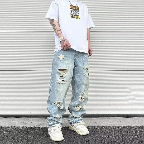 Vintage Washed Distressed Jeans – Straight Cut Men's Denim With Artful Rips (M-3XL, Poly-Cotton Blend, 90s Grunge Revival)_mkmklike.com