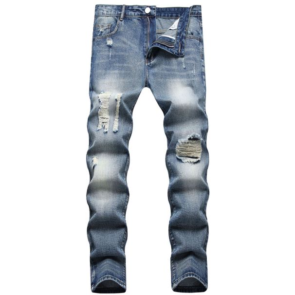 Men's Distressed Straight-Leg Jeans - Vintage Light Blue Denim Pants With Hand-Ripped Details (28-40)_mkmklike.com