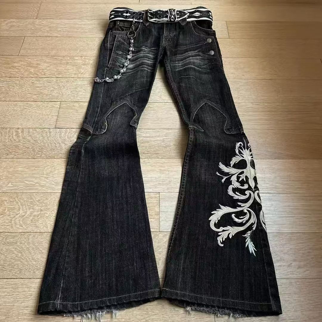 Patchwork Embroidered Jeans For Men And Women Retro Style Y2K Dark Tribal Casual Flared Pants_mkmklike.com