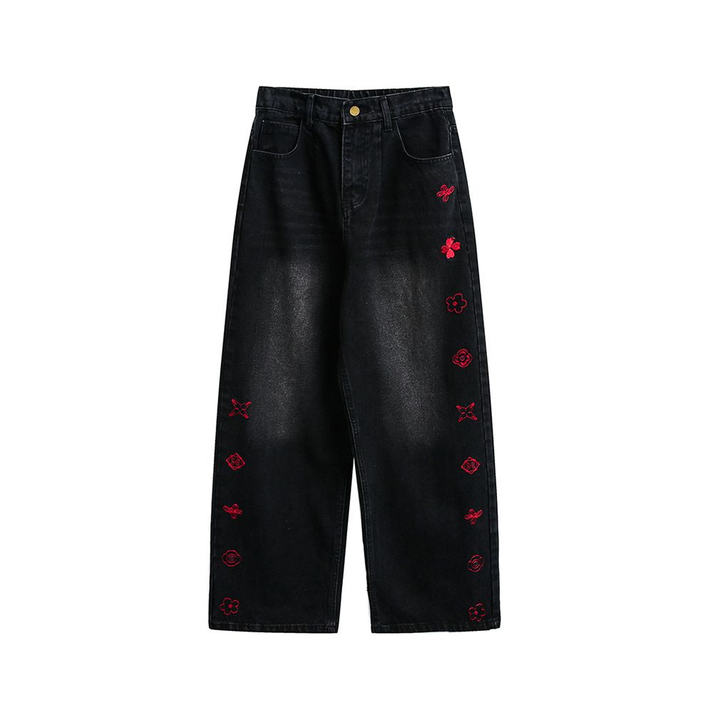 Men's Washed Distressed Embroidered Jeans American Style Casual Wide Leg Curved Trousers For Spring Autumn_mkmklike.com