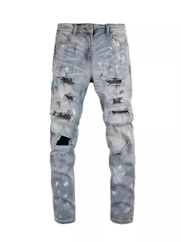Distressed Paint-Splatter Jeans – Slim Fit Cropped Denim With Street Art Aesthetic (Stretch Cotton / High-Low Washed Blue)_mkmklike.com