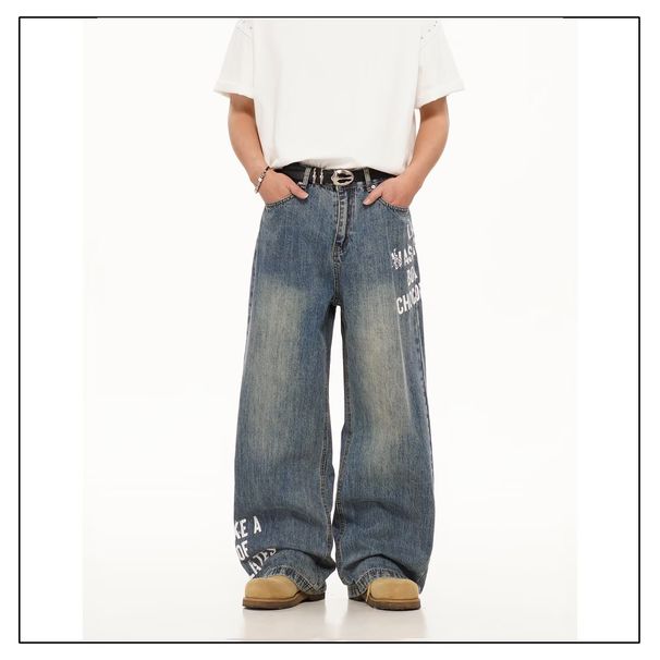 Men's Retro American Style Cleanfit Blue Wide Leg Trousers Straight Leg Jeans Floor Length Washed Versatile_mkmklike.com