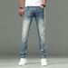 Men's Slim Fit Casual Jeans Unique Back Pocket Design Solid Color Blue Denim Midweight Versatile Mid Waist With Slight Stretch_mkmklike.com