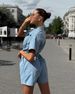 Women's Denim Jumpsuit Summer Short Sleeve High Waist Retro Style Stretch Comfortable Straight Leg Romper"_mkmklike.com