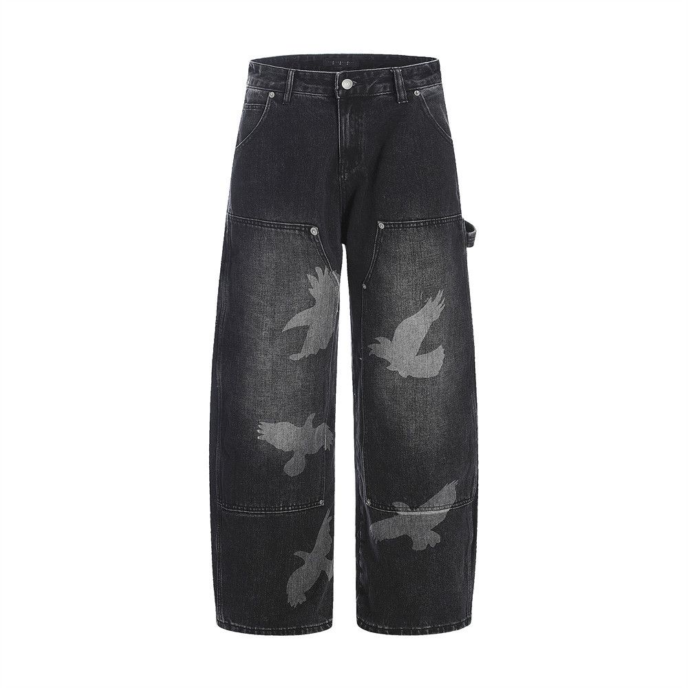 Men's Unique Design Scimitar Pigeon Print Jeans Street Style Punk Washed Logging Workwear Wide-Leg Pants_mkmklike.com