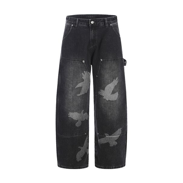 Men's Unique Design Scimitar Pigeon Print Jeans Street Style Punk Washed Logging Workwear Wide-Leg Pants_mkmklike.com