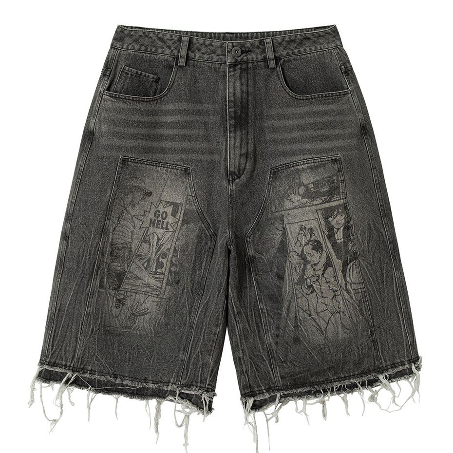 Anime Graphic Vintage Denim Shorts Men Summer Retro Shorts Streetwear Harajuku Hip Hop Jeans Shorts_mkmklike.com