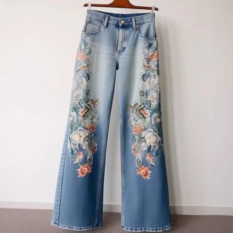 Women's Clothing Embroidery Straight Jeans Spring And Autumn Wide Leg Pants_mkmklike.com