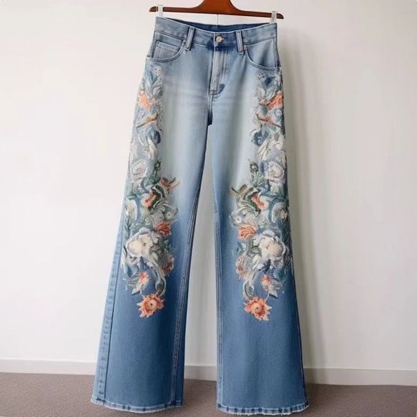 Women's Clothing Embroidery Straight Jeans Spring And Autumn Wide Leg Pants_mkmklike.com