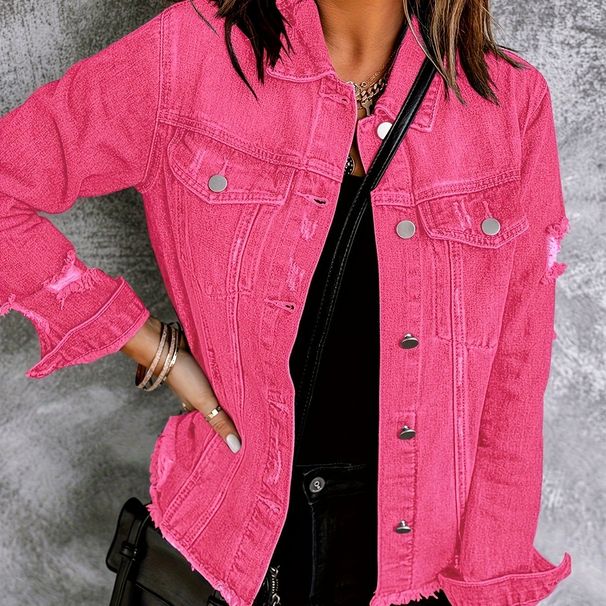 Women's Distressed Denim Jacket With Ripped Details, Light Blue Casual Oversized Denim Vest, Stretch Spandex Blend For Comfort_mkmklike.com