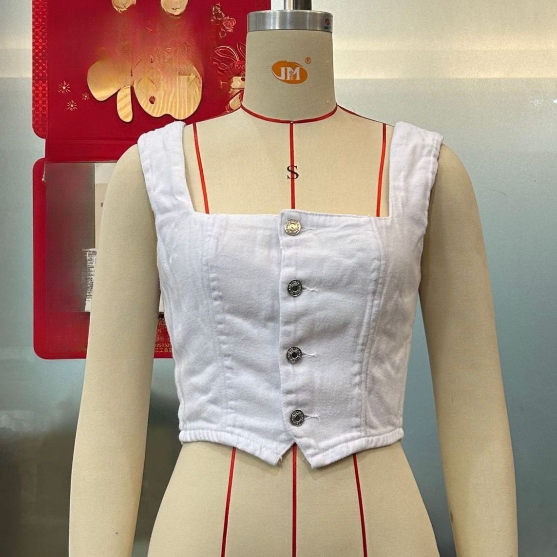 K New Denim Tank Top, Solid Color Buckle Fashion Suspender, Short Top_mkmklike.com