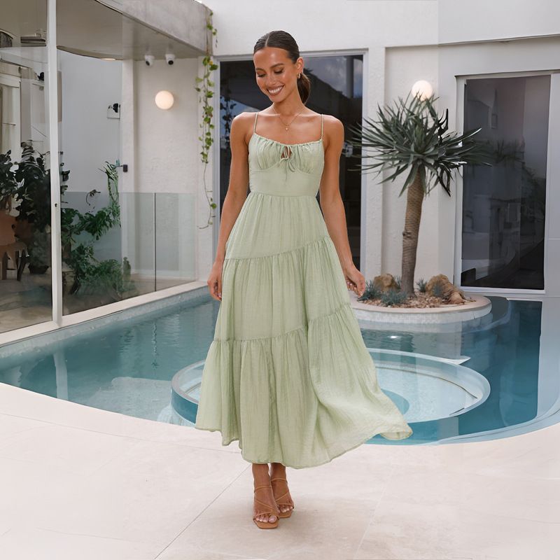 Women's Clothing spliced sling long backless lace up big swing dress with lining_mkmklike.com