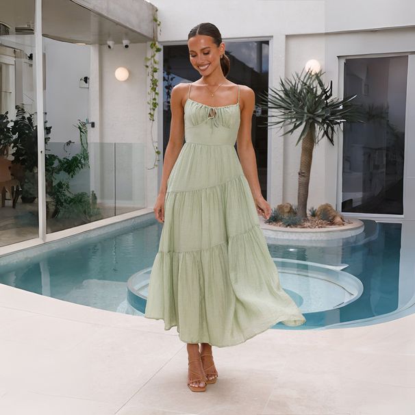 Women's Clothing spliced sling long backless lace up big swing dress with lining_mkmklike.com