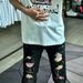 Black Splatter Paint & Red Rhinestone Patch Jeans – Distressed Slim Fit Denim Pants For Streetwear_mkmklike.com