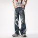 Men's Splatter Paint Washed Jeans – Vintage Loose Straight Leg Denim Pants With Artistic Drip Design (S-XXL)_mkmklike.com