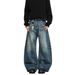 Unisex Vintage Blue Whiskered Scimitar Wide Leg Jeans Midweight Cotton Slightly Flared Loose Fitting Floor Length Sickle Shaped Straight Leg Denim_mkmklike.com