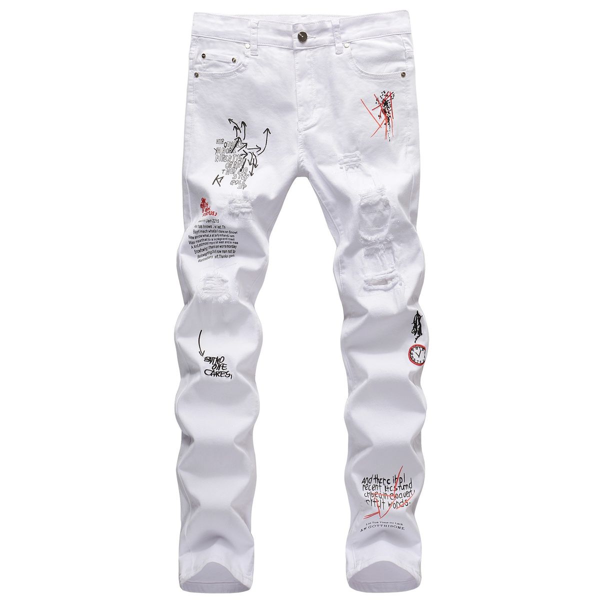 Men's Slim Fit White Distressed Jeans With Embroidery & Print, Stretch Denim Tapered Leg Casual Trousers_mkmklike.com