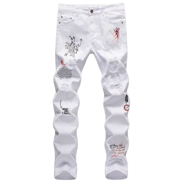 Men's Slim Fit White Distressed Jeans With Embroidery & Print, Stretch Denim Tapered Leg Casual Trousers_mkmklike.com