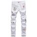 Men's Slim Fit White Distressed Jeans With Embroidery & Print, Stretch Denim Tapered Leg Casual Trousers_mkmklike.com