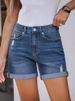 K Women's New Straight Tube Slim Fit Denim Shorts With Worn Edges And Rolled Edges_mkmklike.com