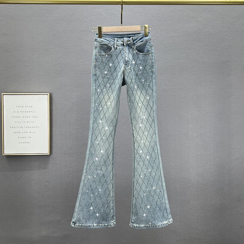 Women's Clothing Slim Fit Denim Flared Pants For Women New Style Fashionable Elastic High Waist Slim Hot Diamond Plus Length Pants_mkmklike.com