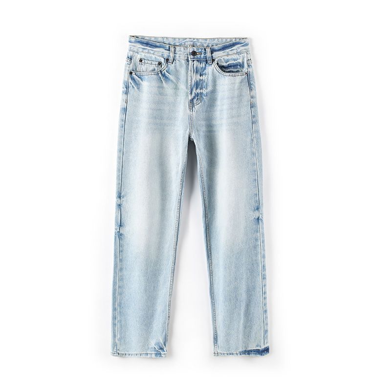 Vintage Washed Denim Jeans For Men - Relaxed Fit, Heavy Duty Cotton, Classic Straight Leg, Light Blue, S-Xxl_mkmklike.com