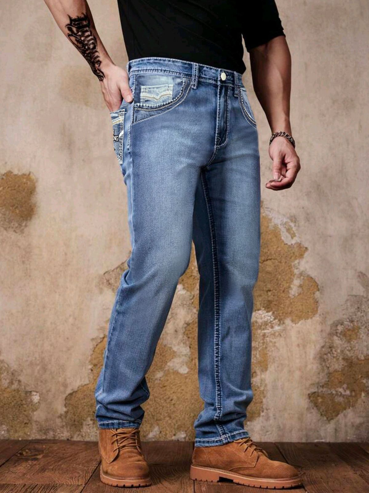 European Men's Slim Fit Jeans Stretch Sky Blue Embroidered Straight Leg Casual Trousers mid Waist Long Jeans for Men_mkmklike.com