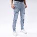 Men's Jeans Stretch Street Slim Fit Small Leg Pants Spring Summer Light Blue Worn Hole Men's Pants Trendy Outdoor Versatile Denim Pants_mkmklike.com