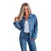 Women's Denim Jacket With Single Button Closure - Relaxed Fit, Polo Collar, Long Sleeve, Blue - Casual Streetwear For Autumn_mkmklike.com