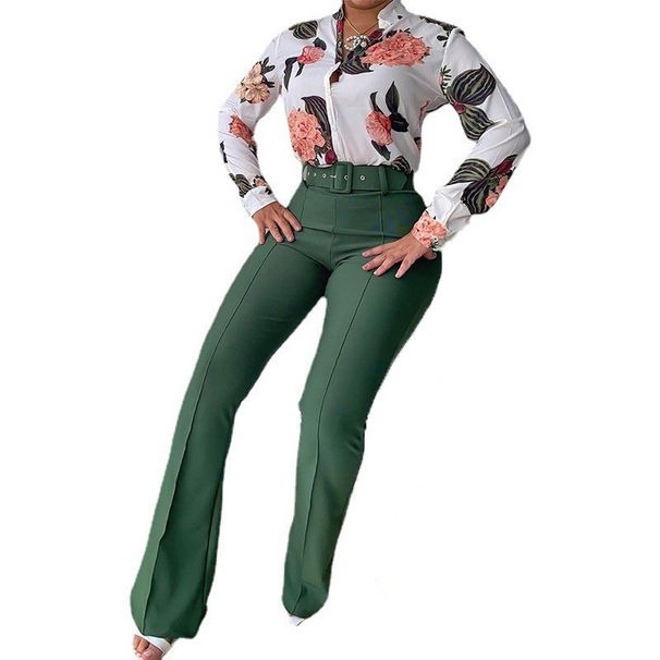 Women's Clothing Casual Suit Printed Stand up Collar Long sleeved Shirt Top Wide leg Pants Two piece Suit_mkmklike.com