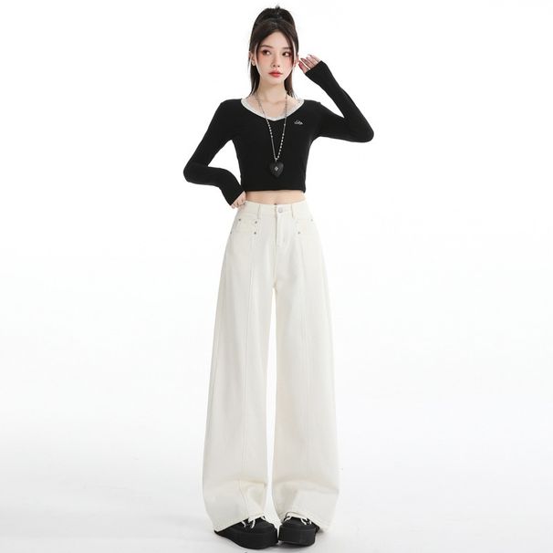 Women's Loose-fitting Vintage High-waisted Slimming Coffee-colored Straight-leg Denim Pants, Floor-length Wide-leg Jeans_mkmklike.com