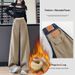 Clair Khaki Curved Knife Fleece-Lined Thickened Jeans For Women, Autumn And Winter 2025 New Loose Floor-Length Straight_mkmklike.com