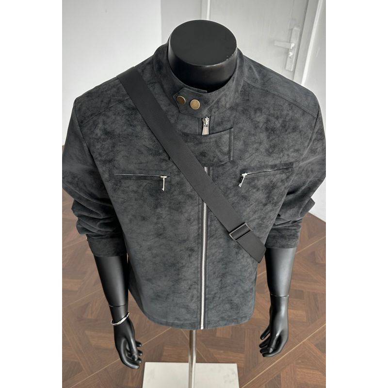 American Retro Brown Tie-dye Stand-collar Biker Jacket For Men And Women, Spring Maillard High-end Loose-fit Workwear_mkmklike.com