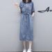 2025 Spring/Summer New Mid Length With Knee And Waist Cinching For Slimming Effect, Women's Casual Denim Dress Trend_mkmklike.com
