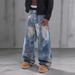 Vintage Blue Washed Relaxed Straight Leg Men's Jeans - Classic Denim With Distressed Details Versatile Styling_mkmklike.com