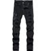 Men's Black Stretch Skinny Jeans Ripped Details Leather Patches Distressed Denim Casual Wear Pants_mkmklike.com