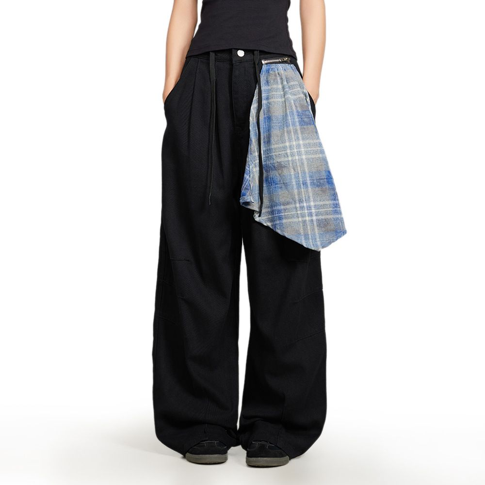 Vibe Trend Detachable Plaid Scarf Unique Scimitar Jeans Men's Niche Design Loose Wide-Leg Pants_mkmklike.com