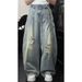 Men's Light Blue Distressed Denim Jeans With Deconstructed Pleats, Loose Fit Wide Leg Cargo Pants For Street Style_mkmklike.com
