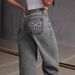 Women's Clothing Retro Bow Embroidery Washed Jeans Women's Sweet And Spicy Straight Loose Trousers_mkmklike.com