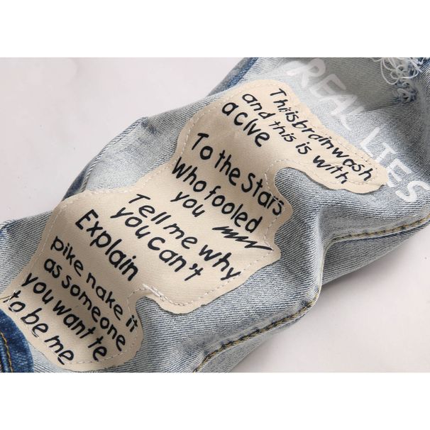 Men's Clothing Blue High Street Youth Embroidery Patch Embroidery Hole Elastic Tight Fitting Small Leg Men's Jeans_mkmklike.com