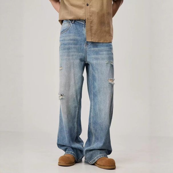 Men's High End Retro Washed Distressed Loose Straight Leg Jeans Light Color Casual Drape Fit American Style_mkmklike.com