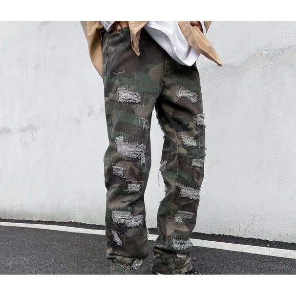 Men's Clothing Hot Selling Pants High Street, Big Damage, Horizontal Washing, Old Fashion Brand, Beggar, Hip Hop, Slim Fit, Elastic Denim Pants_mkmklike.com