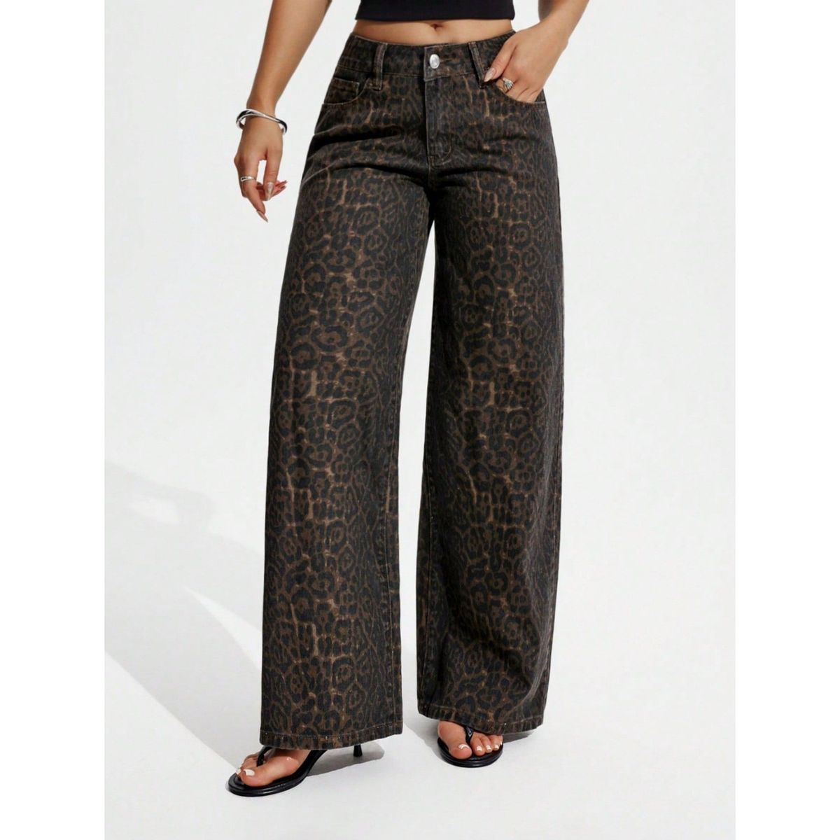 Women's High-Waisted Wide Leg Jeans Retro American Style Leopard Print Loose Fitting Floor-Length Trousers_mkmklike.com