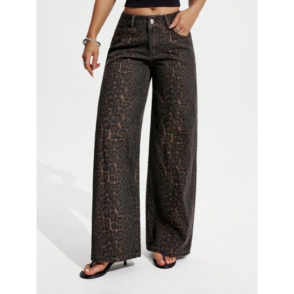 Women's High-Waisted Wide Leg Jeans Retro American Style Leopard Print Loose Fitting Floor-Length Trousers_mkmklike.com