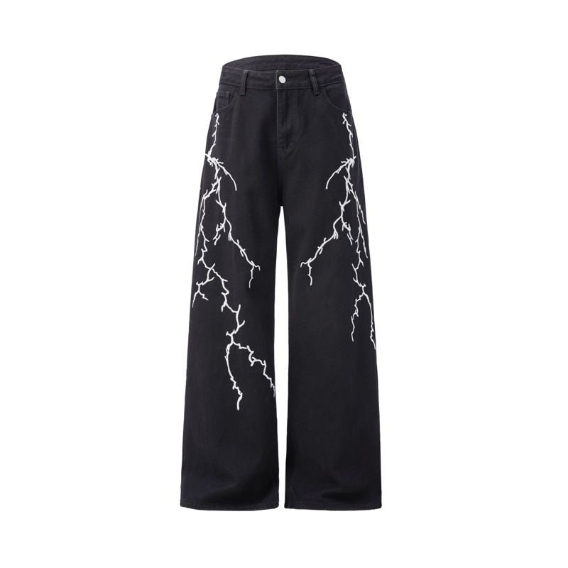 Men's Black Loose Wide Leg Jeans Lightning Embroidered American High Street Style Heavy Duty Floor Length Trousers_mkmklike.com