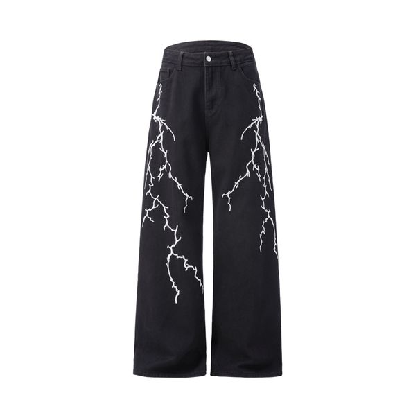 Men's Black Loose Wide Leg Jeans Lightning Embroidered American High Street Style Heavy Duty Floor Length Trousers_mkmklike.com