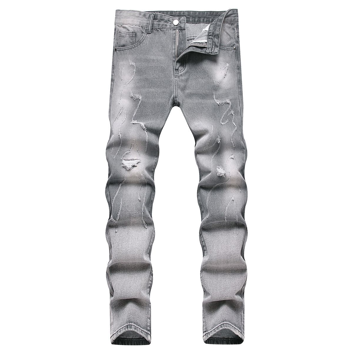 Men's Distressed Grey Straight Leg Jeans – Vintage Washed Denim Pants With Handmade Rips For Urban Street Style_mkmklike.com