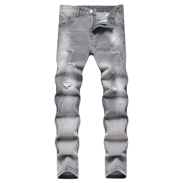 Men's Distressed Grey Straight Leg Jeans – Vintage Washed Denim Pants With Handmade Rips For Urban Street Style_mkmklike.com